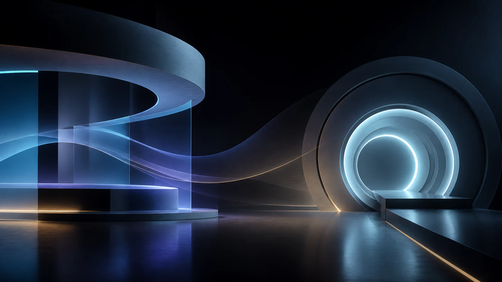 Abstract open-sided arches beside a wide circular bore motif in AIR's dark blue palette