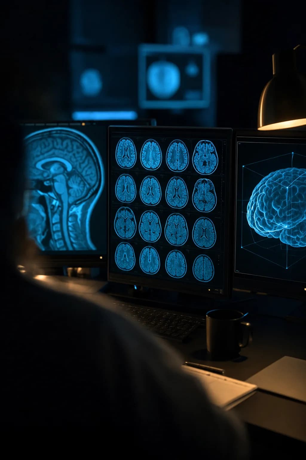 Concept image of a radiologist at a reading workstation